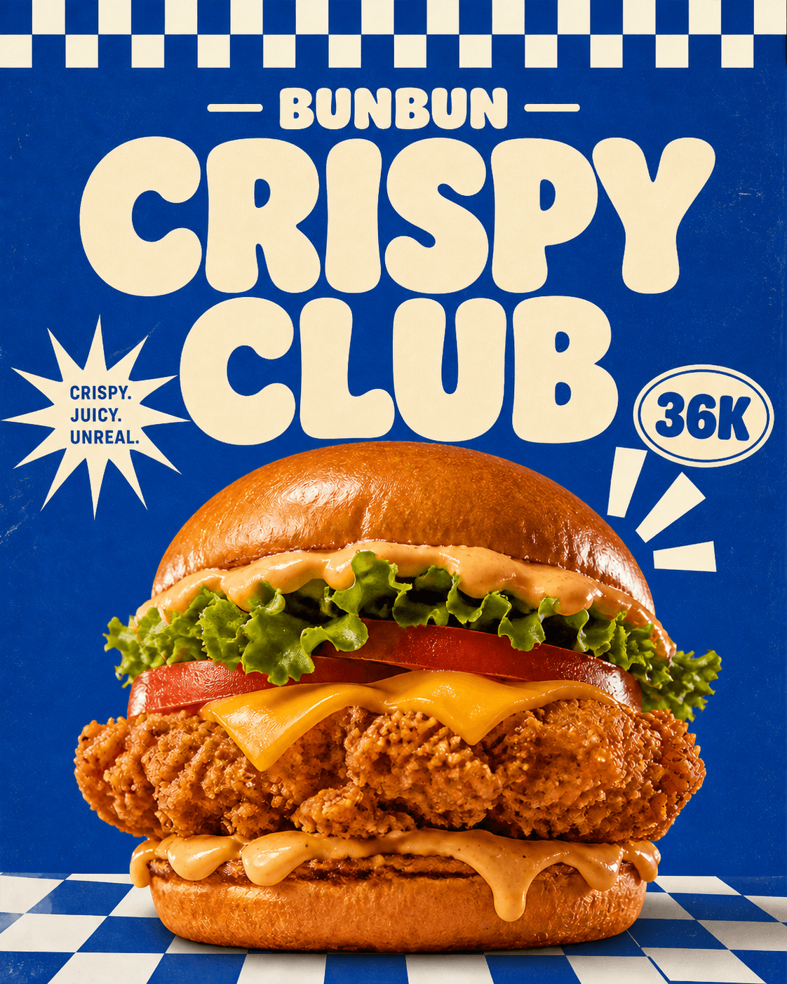 Bun ayam crispy dengan keju, selada, tomat, dan saus Bunbun